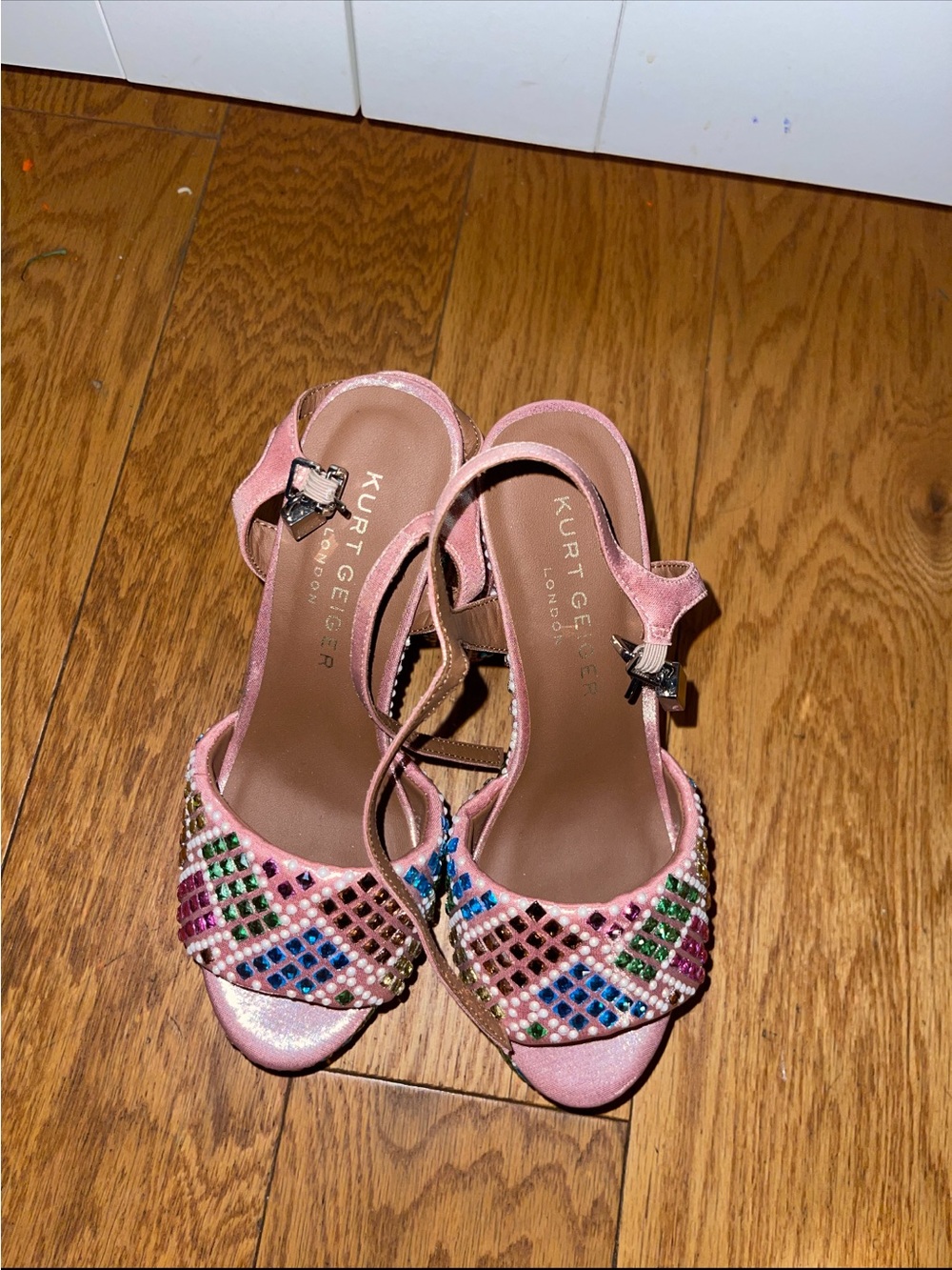 Kurt Geiger Pink Satin Jeweled Open-Toe Heels